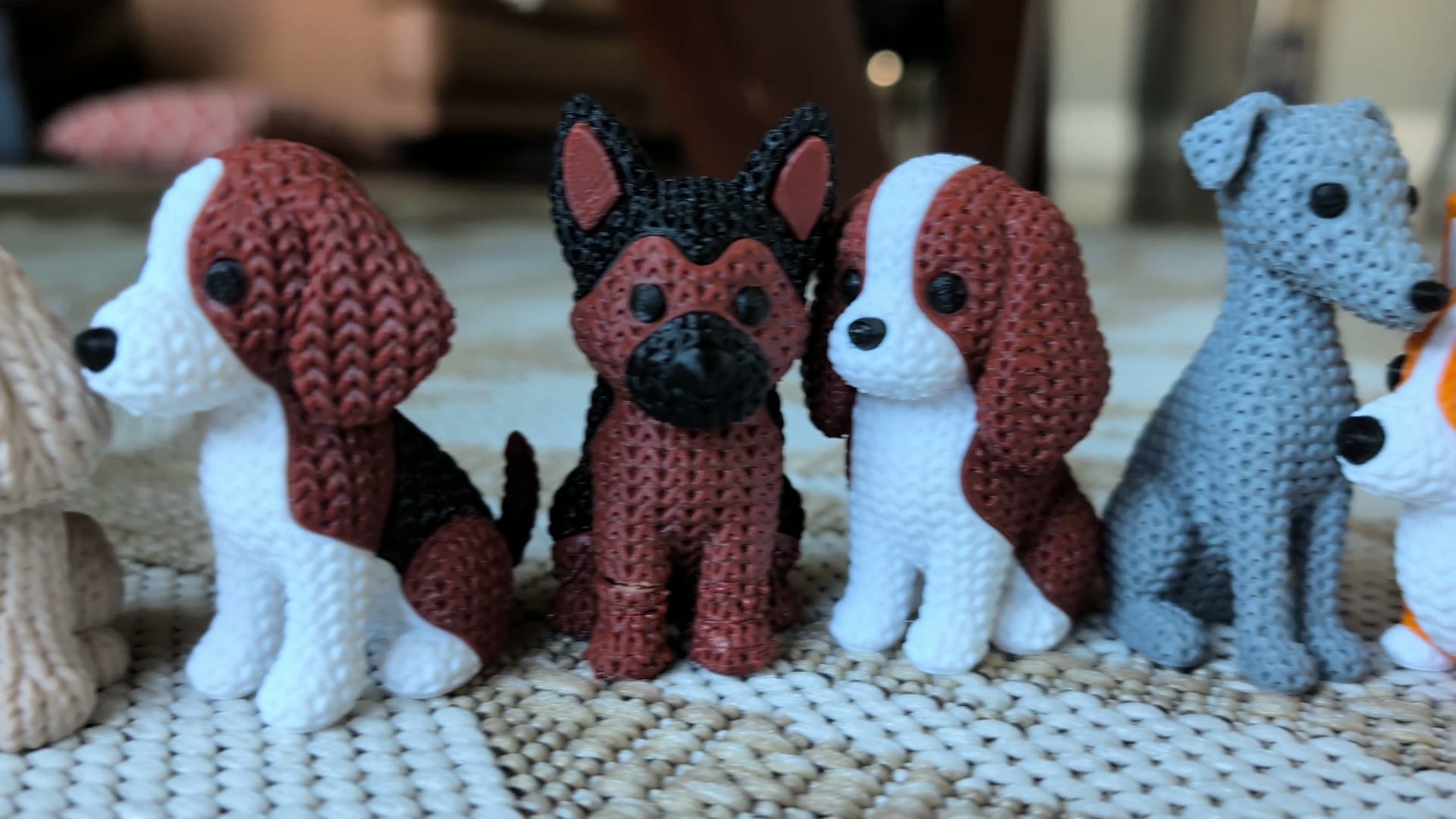 The 3D Knit Buddies dog lineup, printed in knit-style texture